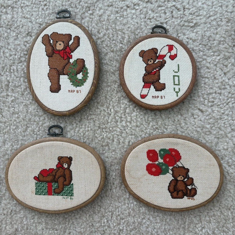 Set of 4 Christmas Teddy Bear Needlepoint Ornaments